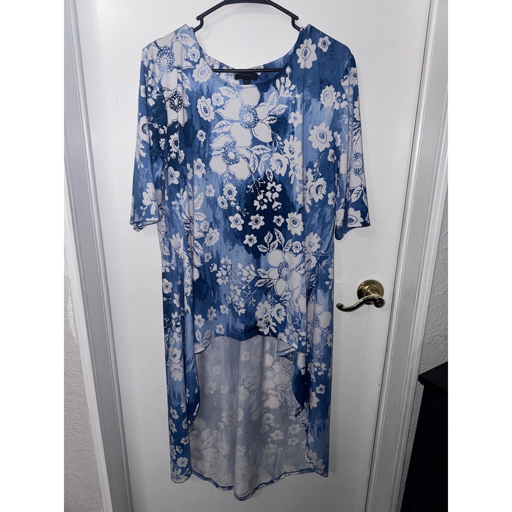 Cocomo Blue White Floral High Low Tunic Top Short Sleeve Size XL